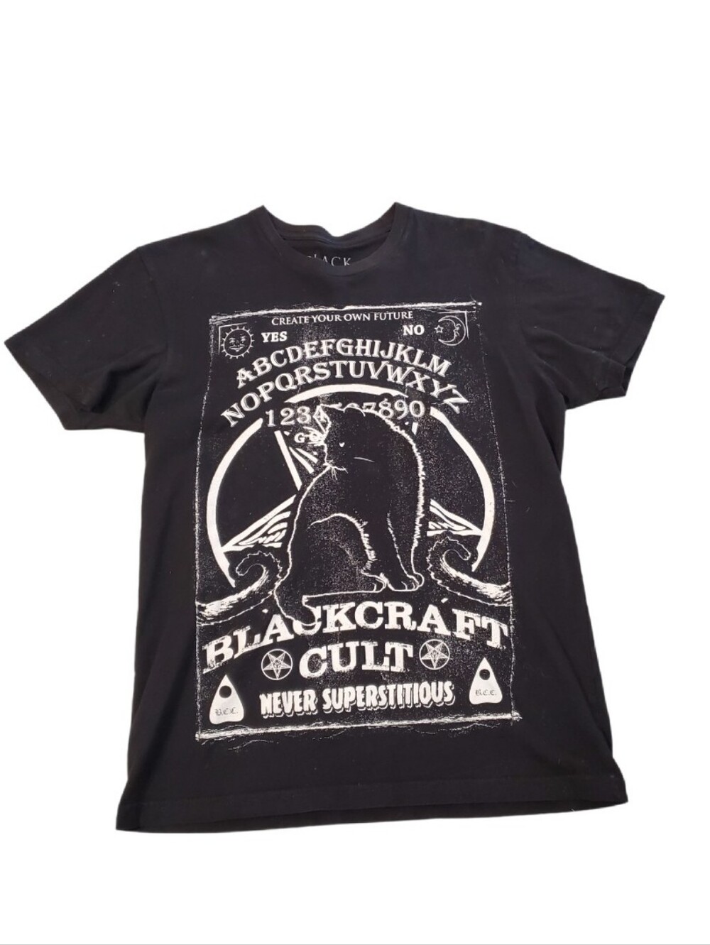 Blackcraft Cult Women's Black Never Superstitious Ouija Cat T-shirt Small